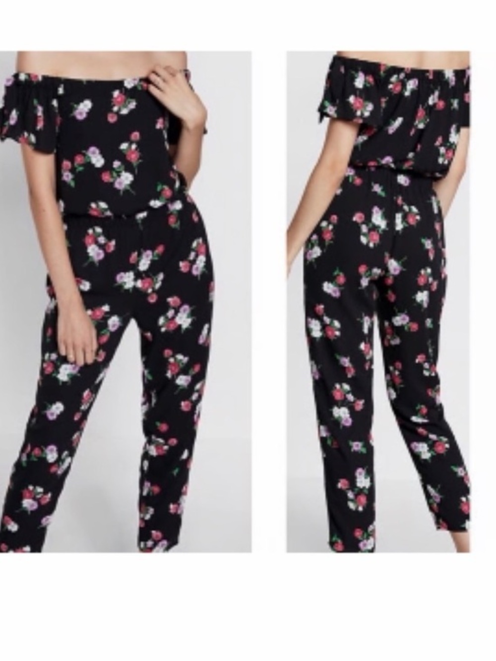 EXPRESS Women's Black Floral Off-Shoulder Jumpsuit, lined Size Small